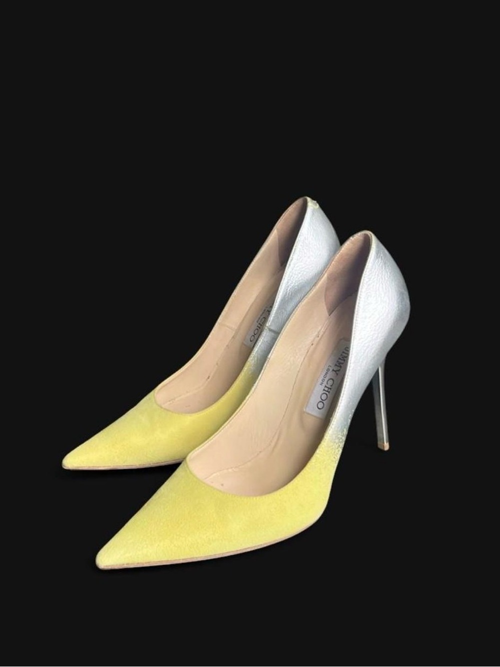 Jimmy Choo Abel Silver & Yellow Leather & Suede Pointed-Toe Pumps IT 39 US 9